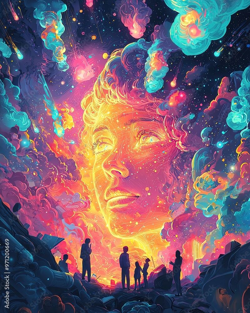 Fototapeta premium A vivid cosmic scene depicting a celestial face, surrounded by colorful clouds and silhouettes, symbolizing wonder and exploration.