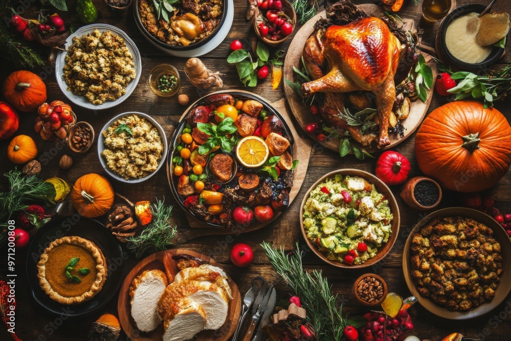Fototapeta premium Thanksgiving Dinner Feast with Roasted Turkey, Stuffing, and Pumpkin Pie