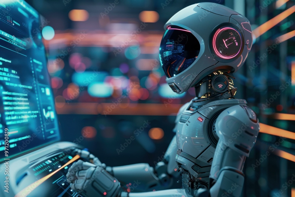 Advanced humanoid robot working with a futuristic computer in a high tech environment Advanced humanoid robot working with a futuristic computer in a high tech environment