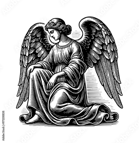 woman angel kneeling engraving black and white outline