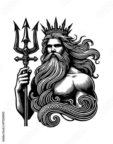 poseidon engraving black and white outline