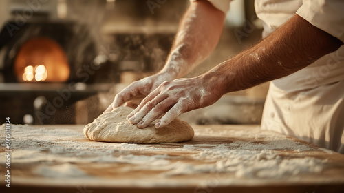 side view of chef kneading pizza dough on wooden table