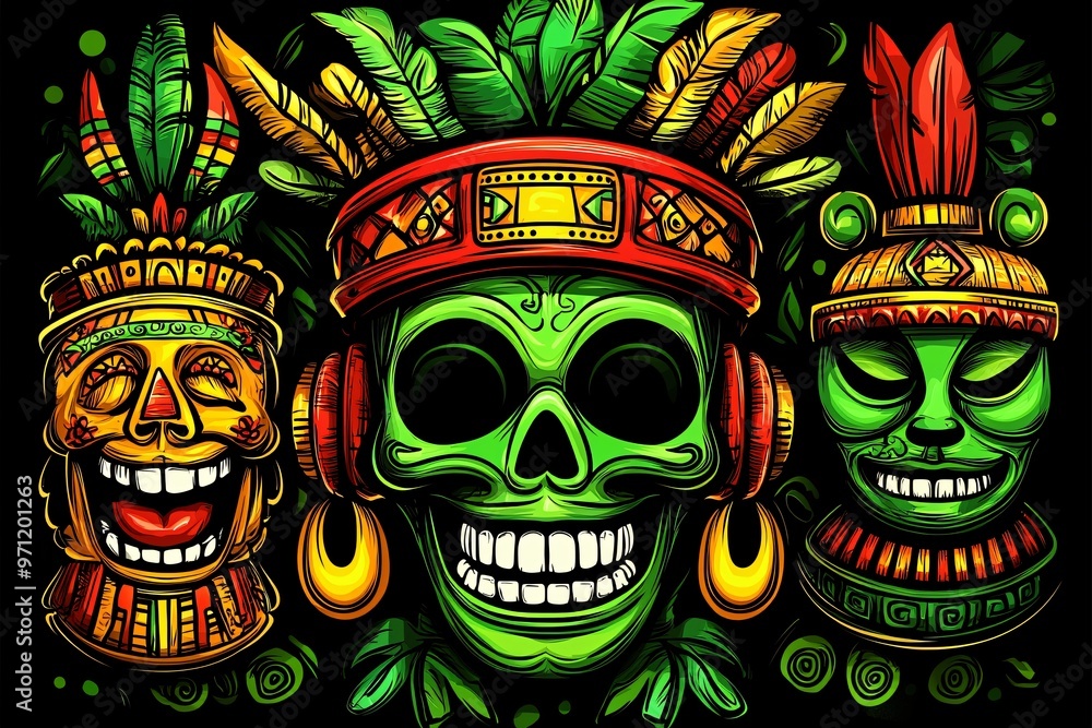 Three Tribal Masks with Intricate Details Three Tribal Masks with Intricate Details