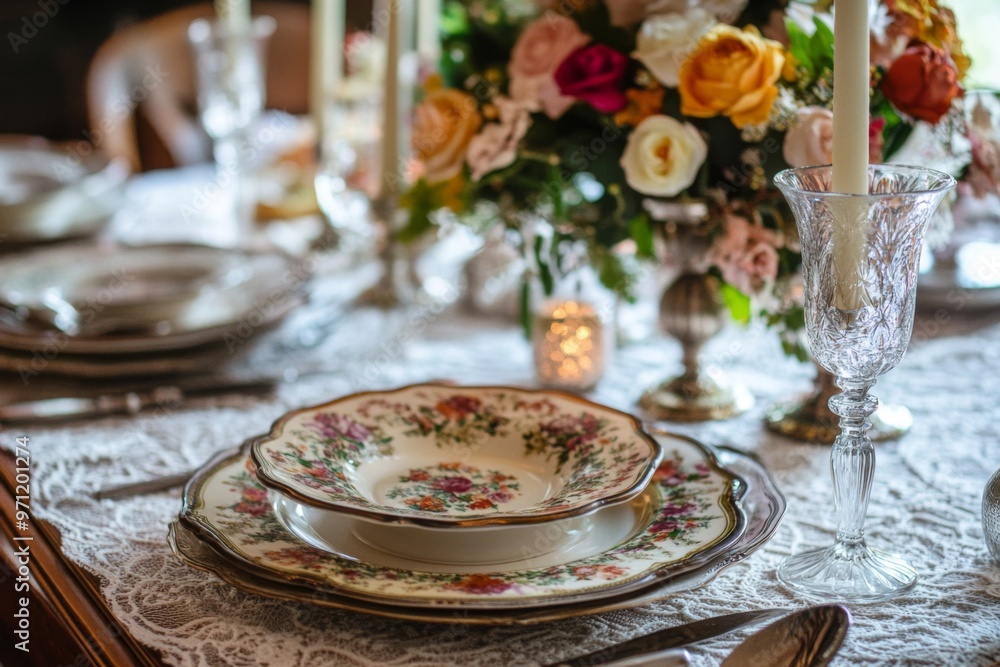 Floral Patterned Dinnerware on a Lace Tablecloth Floral Patterned Dinnerware on a Lace Tablecloth