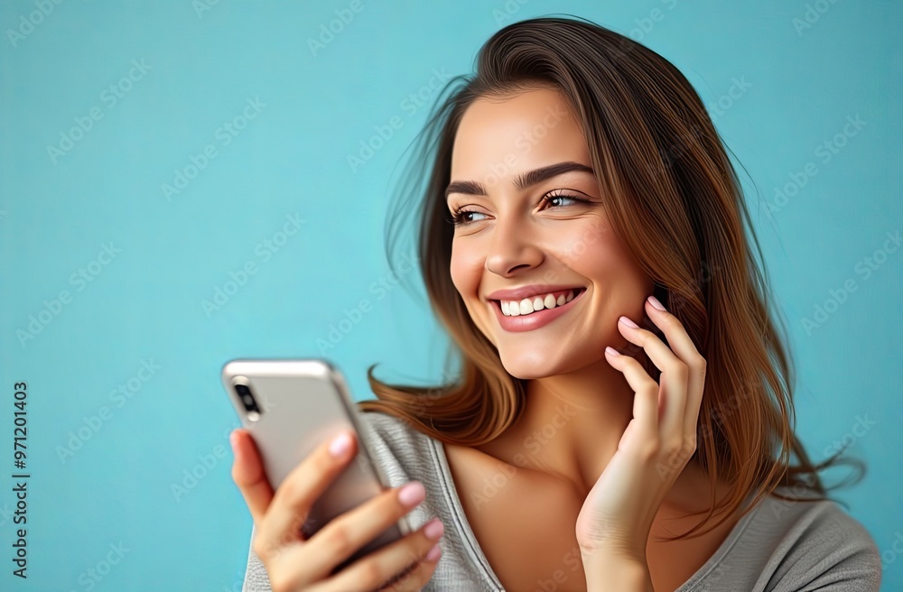 Portrait of a smiling happy girl with a smartphone in her hands on a blue pastel background Portrait of a smiling happy girl with a smartphone in her hands on a blue pastel background