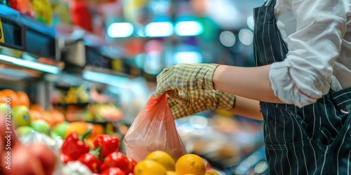 Close up of a professional cashier bagging fresh produce at a grocery store during busy shopping hours photo