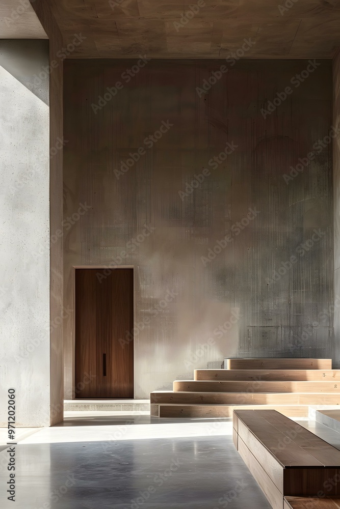 Modern Minimalist Concrete Interior with Wooden Accents and a Large Door Modern Minimalist Concrete Interior with Wooden Accents and a Large Door