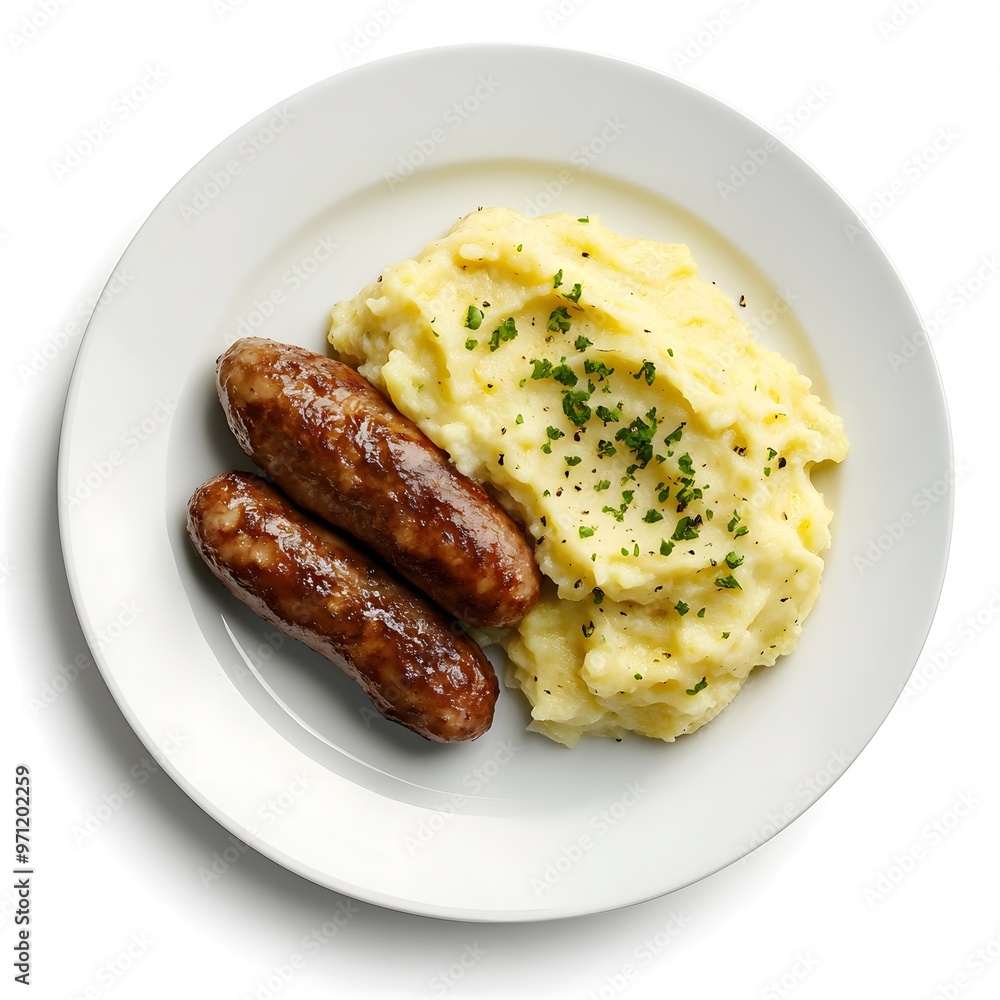 Delicious sausages with creamy mashed potatoes garnished with fresh herbs Delicious sausages with creamy mashed potatoes garnished with fresh herbs