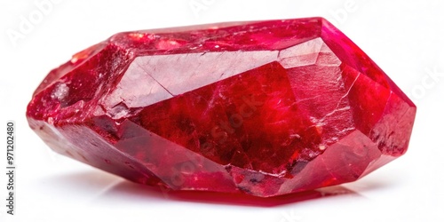 Vibrant red rough-cut ruby gemstone with inclusions and imperfections on a white background, showcasing its naturally occurring unique characteristics and unpolished beauty. photo