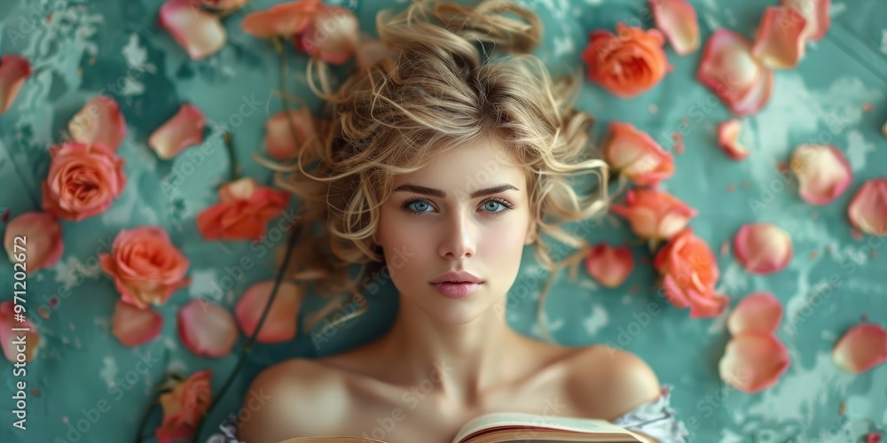 Young woman with flowing hair surrounded by rose petals while reading a book on a turquoise background. Generative AI Young woman with flowing hair surrounded by rose petals while reading a book on a turquoise background. Generative AI