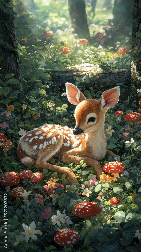 Fototapeta premium A fawn laying down in the middle of a forest