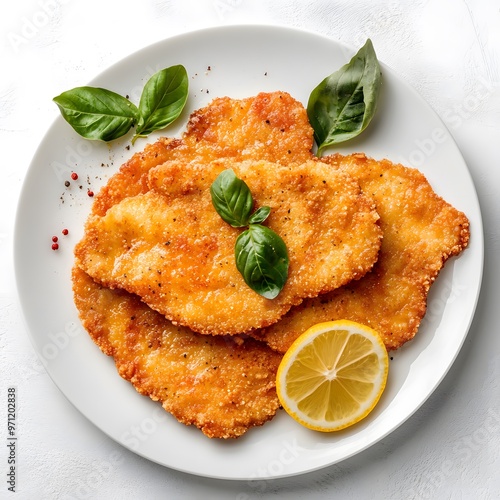 Crispy chicken schnitzel with lemon and basil on white plate photo