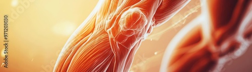 Close-up view of a human muscle with ligaments, highlighting strength and anatomy in a vibrant, artistic representation.