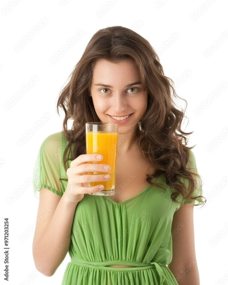 beautiful woman in green dress holding glass of orange juice isolated beautiful woman in green dress holding glass of orange juice isolated