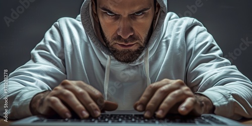 Close-up of a professional internet celebrity focused on work at a dimly lit desk during evening hours photo