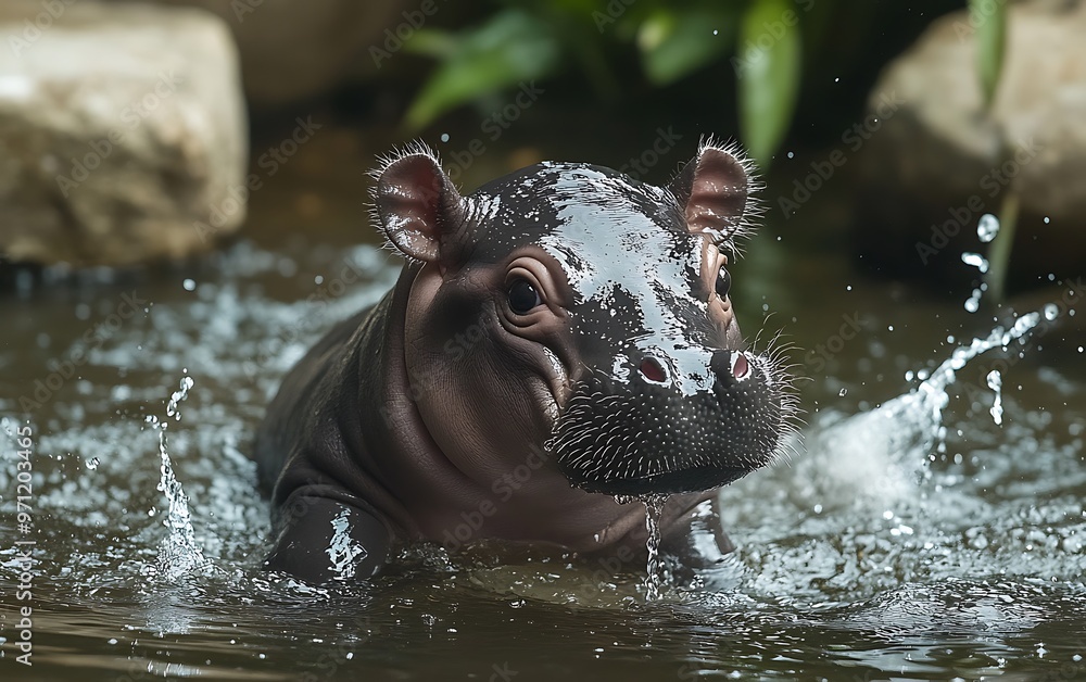 Curious Baby Hippo Wading in Pond with Tiny Water Splashes - Adorable Animal Exploration Concept Curious Baby Hippo Wading in Pond with Tiny Water Splashes - Adorable Animal Exploration Concept