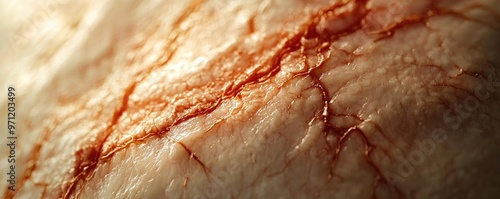Close-up view of skin texture showcasing intricate blood vessels and surface details in rich colors.