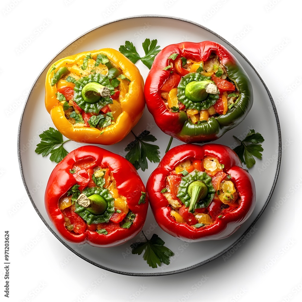Vibrant stuffed bell peppers on plate with fresh parsley garnish Vibrant stuffed bell peppers on plate with fresh parsley garnish
