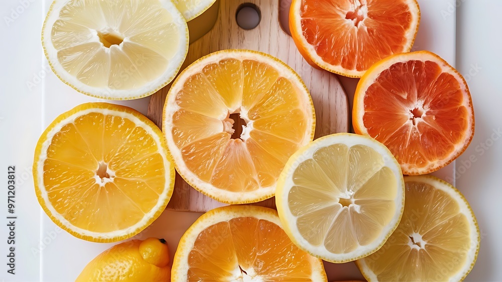 Obraz premium Close up view of variety of fresh citrus fruits slices