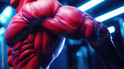Close-up of a muscular arm showcasing intricate details and textures against a vibrant blue background, emphasizing strength and athleticism.