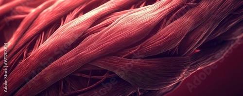 A close-up view of muscular fibers showcasing intricate textures and shades of red, ideal for medical or athletic themes.