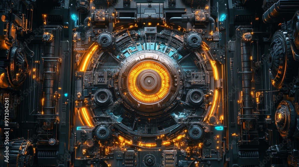 Cross-section of a mechanical clock, revealing intricate patterns of gears and circuits, steampunk, metallic and neon lighting, 3D render. Cross-section of a mechanical clock, revealing intricate patterns of gears and circuits, steampunk, metallic and neon lighting, 3D render.