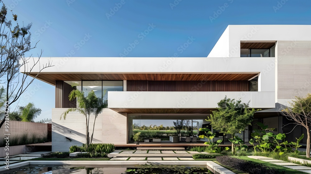 Fototapeta premium Modern Minimalist Home Exterior with Green Garden and Pond