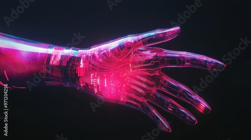 Human hand sliced, revealing both organic muscles and AI wiring, cybernetic, neon glow, high-tech textures, dark background.