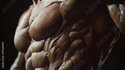Close-up view of a muscular torso, showcasing defined muscle structure and intricate details of anatomy and strength.