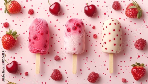 Sweet and Juicy 2D Ice Cream Stick Pattern with Raspberry, Strawberry, and Cherry in Cute Dotted Cartoon Style on Wooden Background
