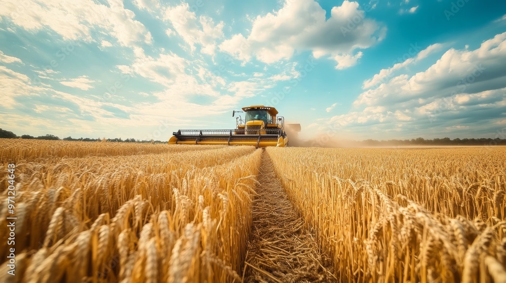 Fototapeta premium Combine harvester in wheat field under clear sky.