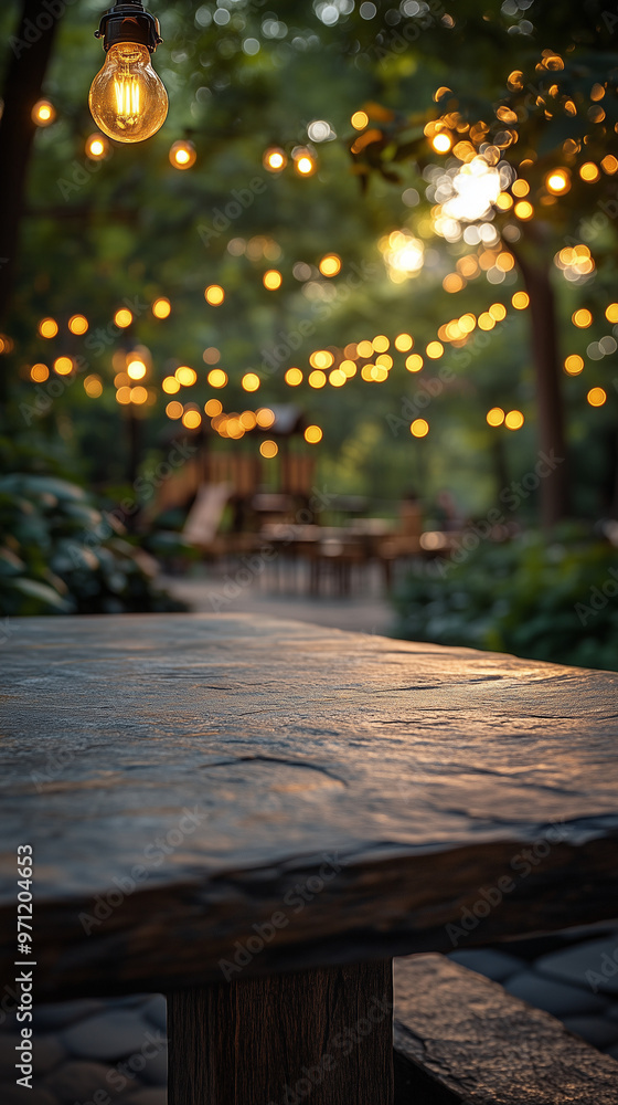 Natural stone table against a blurred garden background with string lights and warm atmosphere Natural stone table against a blurred garden background with string lights and warm atmosphere