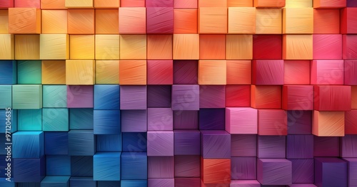 A vibrant arrangement of colorful blocks, showcasing a gradient of hues from warm to cool tones, emphasizing texture and depth.