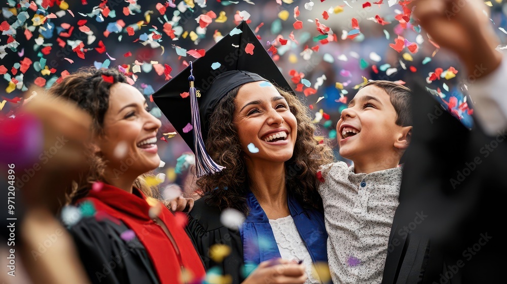 Fototapeta premium A family throwing confetti in the air as they smile and celebrate the graduate's success focus on, celebration theme, dynamic, double exposure, graduation stage backdrop