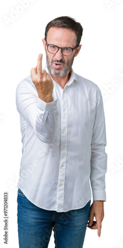 Handsome middle age elegant senior business man wearing glasses over isolated background Showing middle finger, impolite and rude fuck off expression