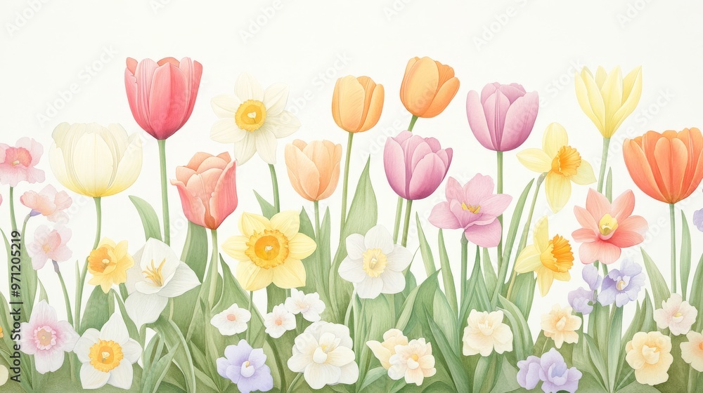 A vibrant arrangement of colorful tulips and daffodils against a soft background, perfect for spring-themed projects. A vibrant arrangement of colorful tulips and daffodils against a soft background, perfect for spring-themed projects.