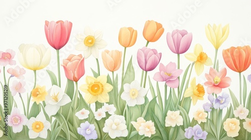 A vibrant arrangement of colorful tulips and daffodils against a soft background, perfect for spring-themed projects.