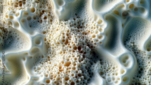 Organic Microstructure. Magnified view of a porous organic material reveals intricate honeycomb-like structures in shades of cream and blue.