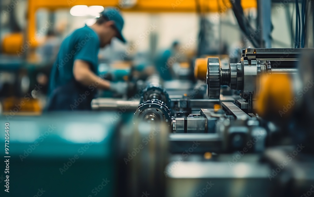 Precision in Motion: Skilled Workers Operating Heavy Machinery in High-Tech Factory Setting Precision in Motion: Skilled Workers Operating Heavy Machinery in High-Tech Factory Setting