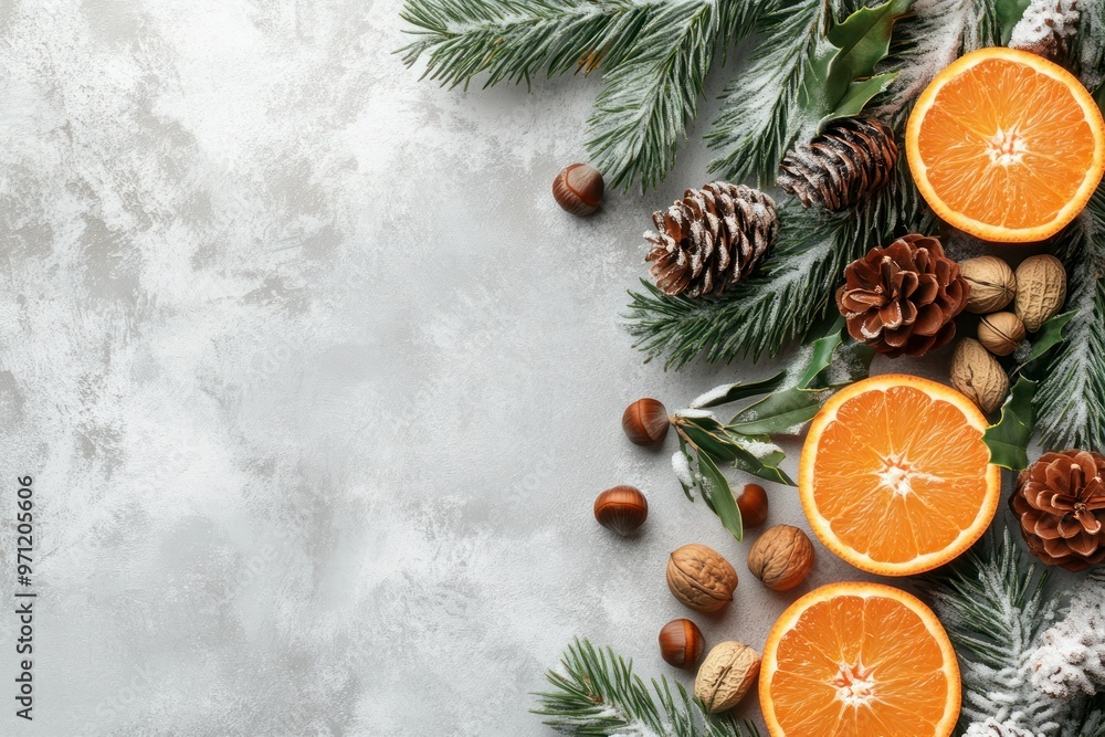 Festive Christmas Arrangement with Oranges, Pine Cones, and Snow Festive Christmas Arrangement with Oranges, Pine Cones, and Snow