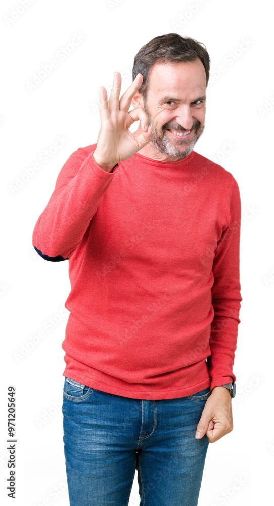 Handsome middle age hoary senior man wearing winter sweater over isolated background smiling positive doing ok sign with hand and fingers. Successful expression. Handsome middle age hoary senior man wearing winter sweater over isolated background smiling positive doing ok sign with hand and fingers. Successful expression.