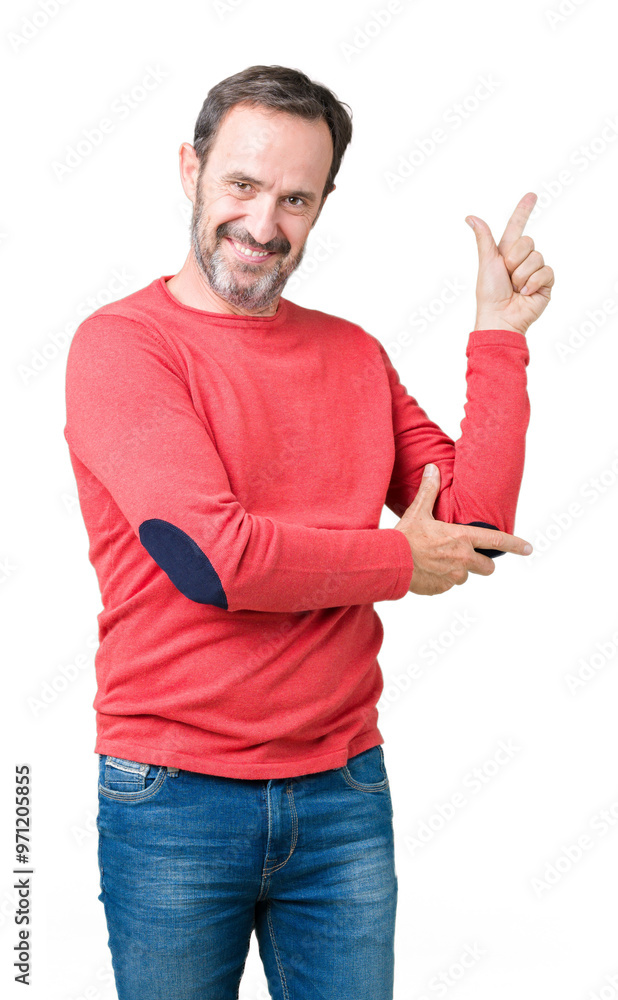 Fototapeta premium Handsome middle age hoary senior man wearing winter sweater over isolated background Looking proud, smiling doing thumbs up gesture to the side