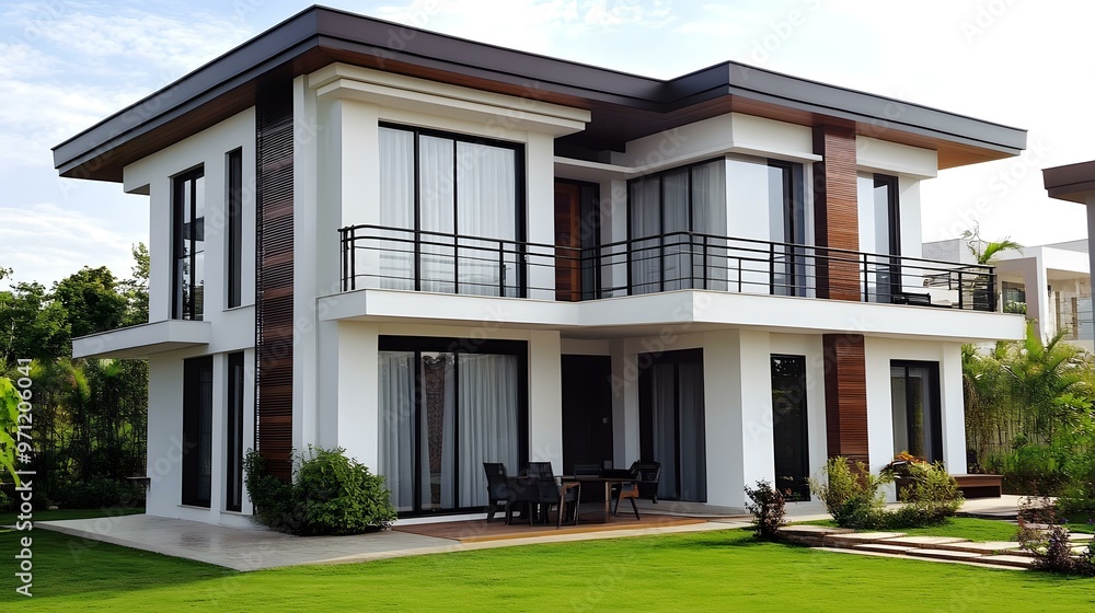 Modern White Two Story House with Balcony and Lawn Modern White Two Story House with Balcony and Lawn