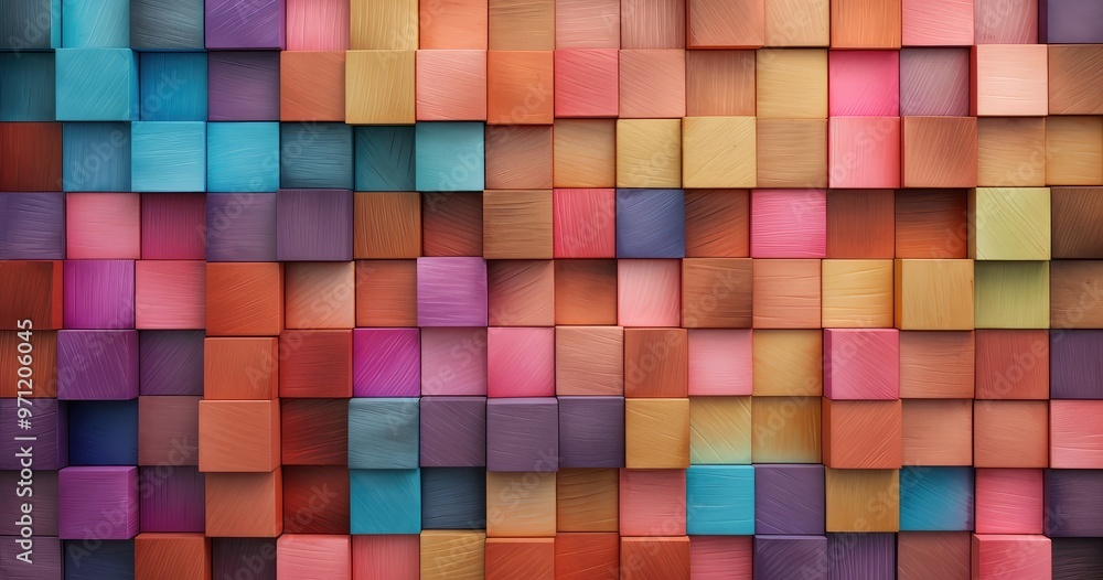 A vibrant arrangement of colorful wooden blocks creating a textured mosaic pattern. A vibrant arrangement of colorful wooden blocks creating a textured mosaic pattern.