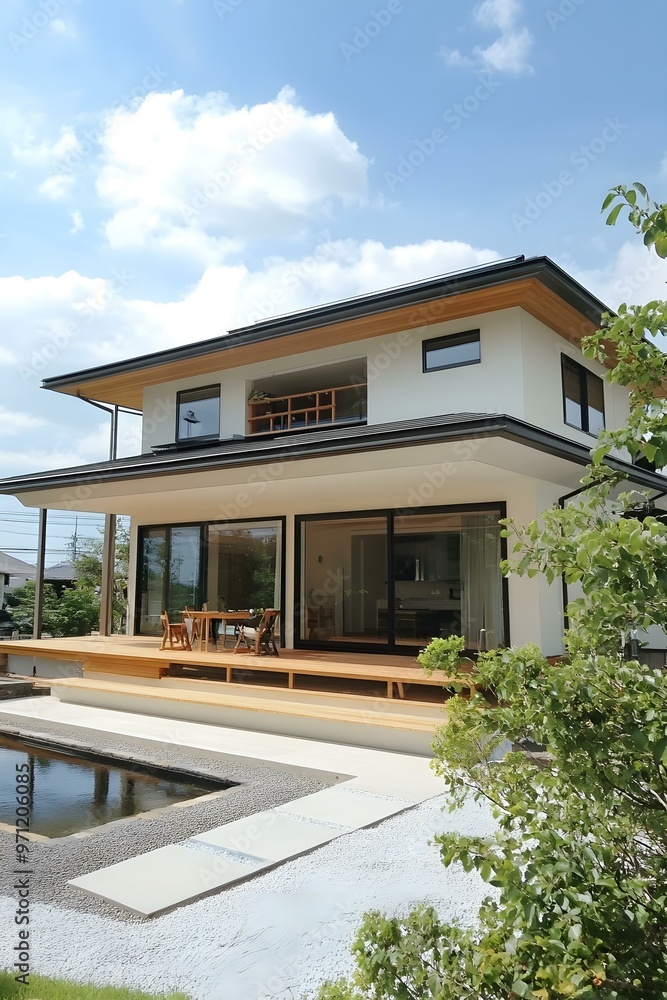 Modern Japanese House With Wooden Deck And Pond Modern Japanese House With Wooden Deck And Pond