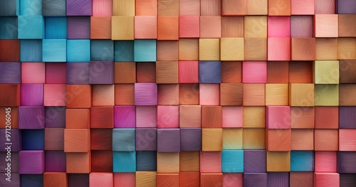 A vibrant arrangement of colorful wooden blocks creating a textured mosaic pattern.