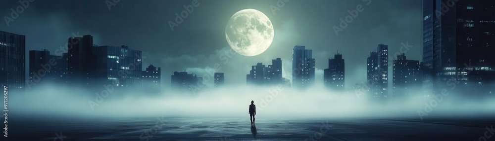 Empty cityscape under a full moon, a solitary figure wandering through misty streets, night exploration, urban solitude Empty cityscape under a full moon, a solitary figure wandering through misty streets, night exploration, urban solitude