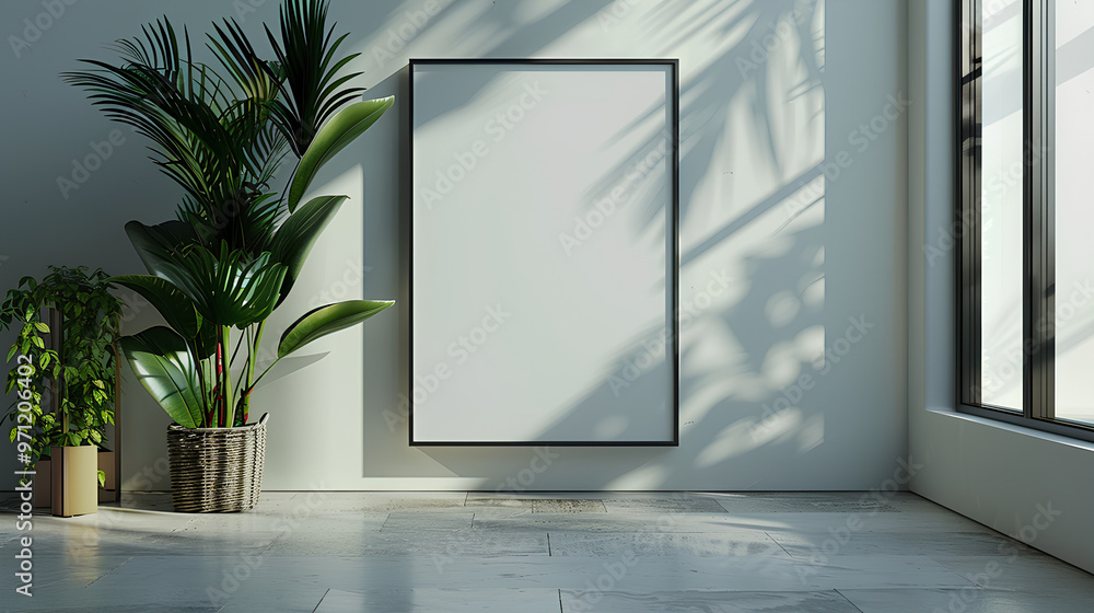 A white framed picture sits in a room with a potted plant A white framed picture sits in a room with a potted plant