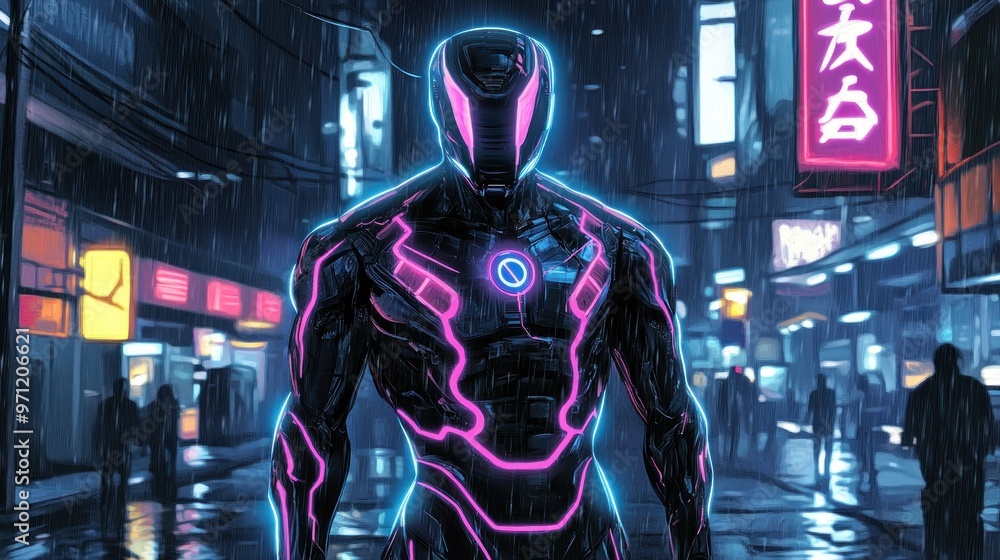 A futuristic armored figure stands in a neon-lit urban environment. A futuristic armored figure stands in a neon-lit urban environment.
