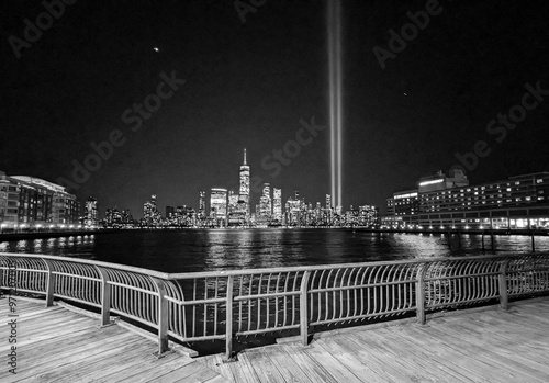 Tribute in Light in Lower Manhattan as seen from Jersey City, New Jersey.